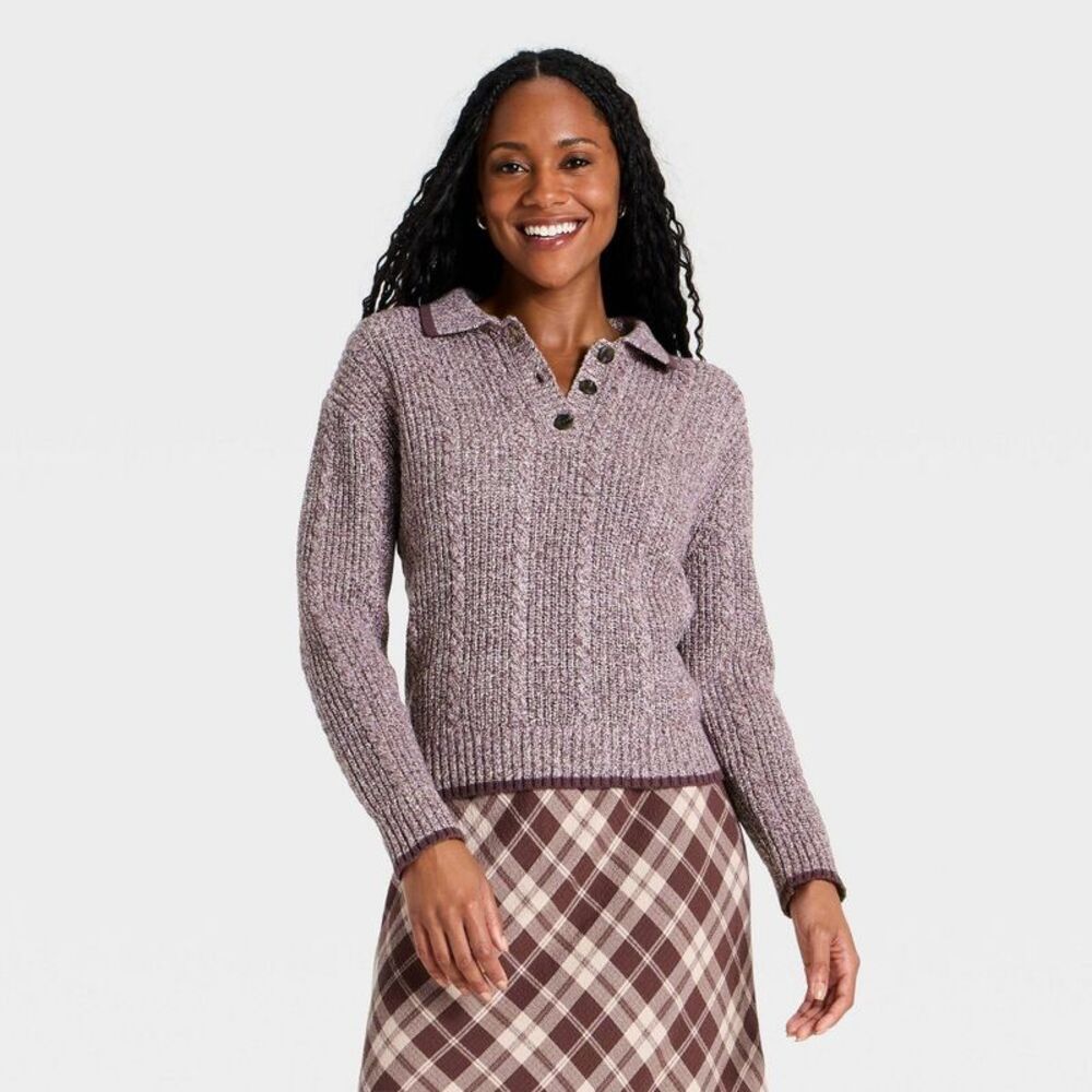 Women's Cable Collared Pullover Sweater - Universal Thread Burgundy XS